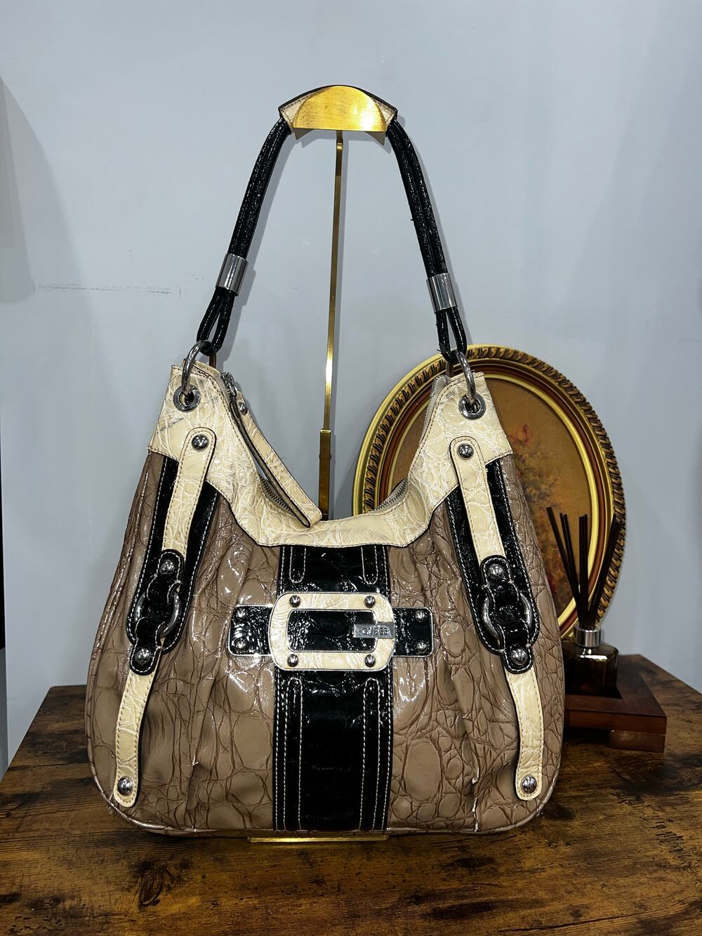 Guess Brown, Cream & Black Croc-Embossed Shoulder Bag with Silver Hardware
